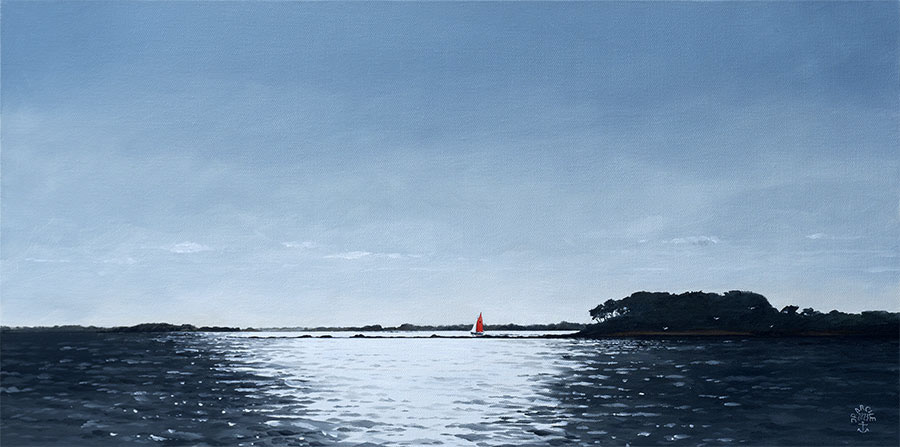 Réf. H-23.035 - Contre jour dans le Golfe du Morbihan. Huile sur toile, 60x30 cm - Col. particulière