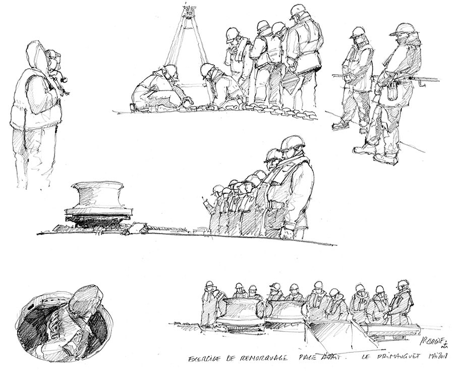 Crayonnés FASM Primauguet. En exercice de remorquage plage avant