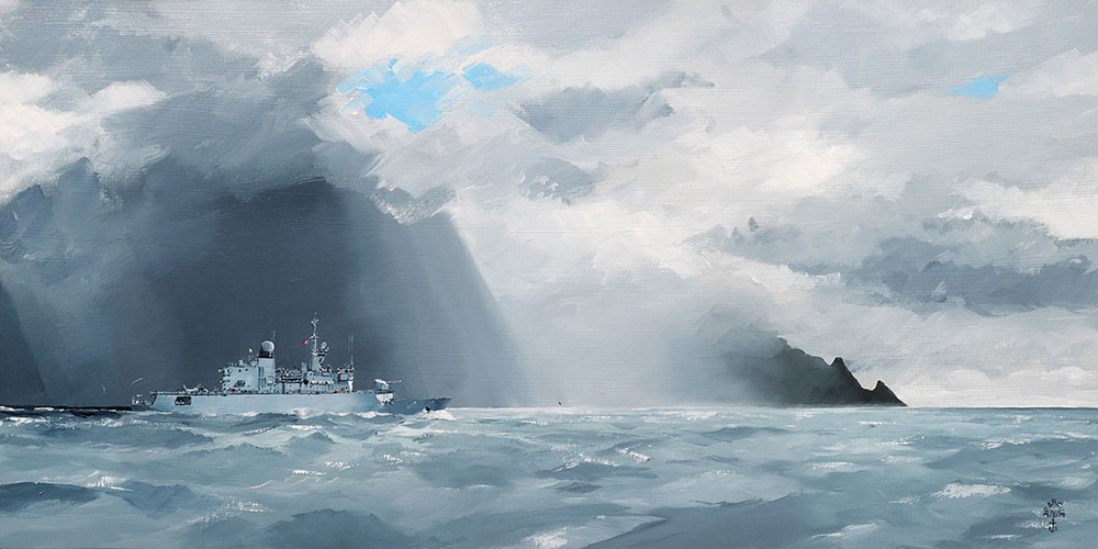 Réf. H-17.008 - La frégate "Nivôse" devant l'île de l'est. Archipel de Crozet. Huile sur toile 80x40 cm - Col. particulière