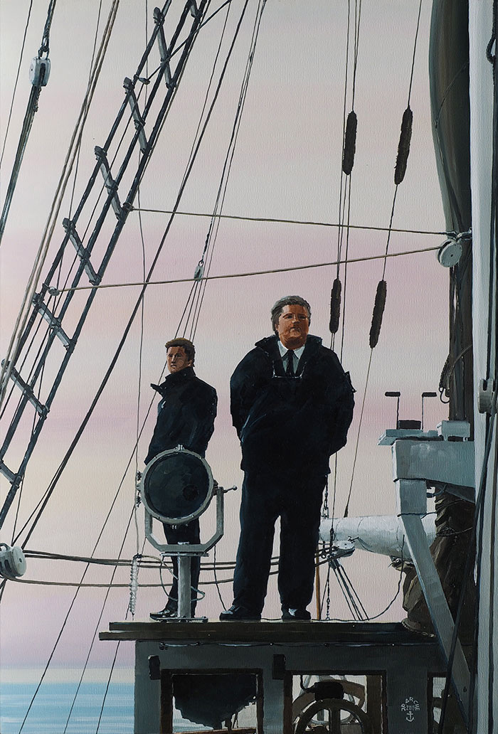 Réf. H-15.046 - Le commandant et le second sur l'abri navigation du Belem. Huile sur toile 40x80 cm - 1400 €