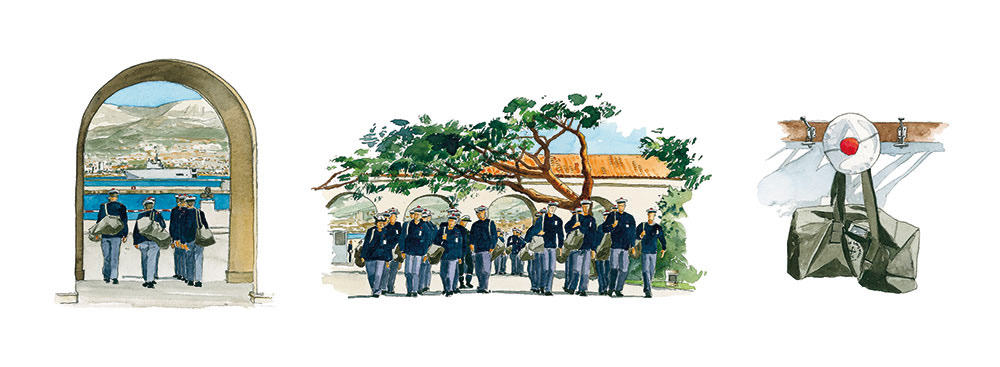 Réf. A-13.045 - CIN St-Mandrier. Arches et Elèves. Aquarelle 50x20 cm