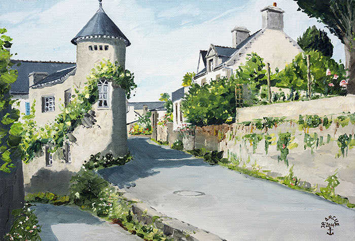 Réf. H-14.029 - La tourelle rue de l'église. Huile sur toile 35x24 cm - Col. Particulière