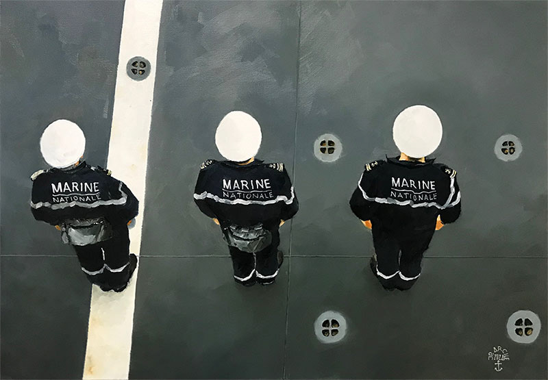Réf. H-24.012 - Garde à vous sur la plage arrière. Huile sur toile 55x38 cm. 950€