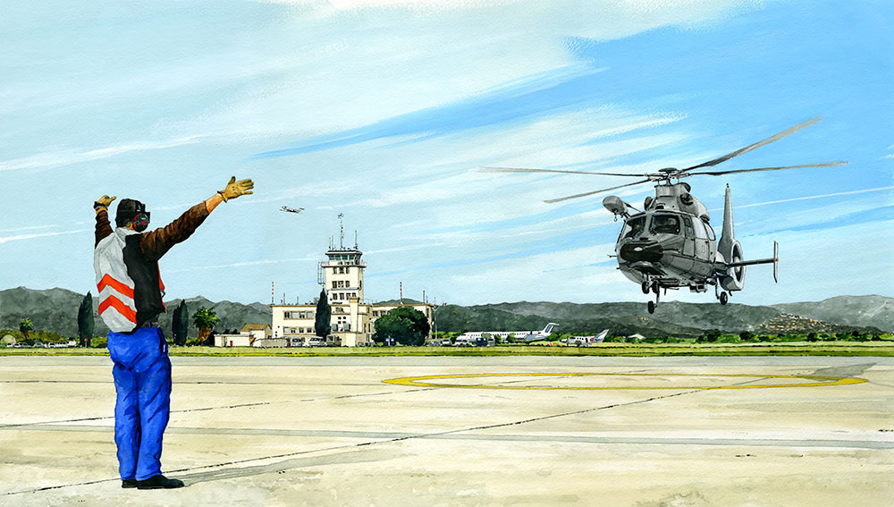 Réf. A-13.04 - Atterrissage d'un Pnather à la BAN de Hyères. Aquarelle/gouache 52x28 cm