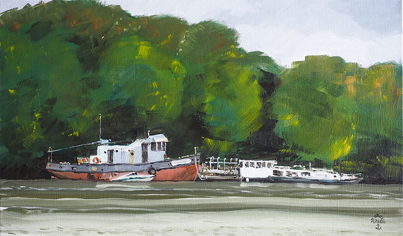 Réf. H-14.047 - Vieux remorqueur sur la Seine à St-Cloud. Huile sur toile 46x27 cm - Col. particulière