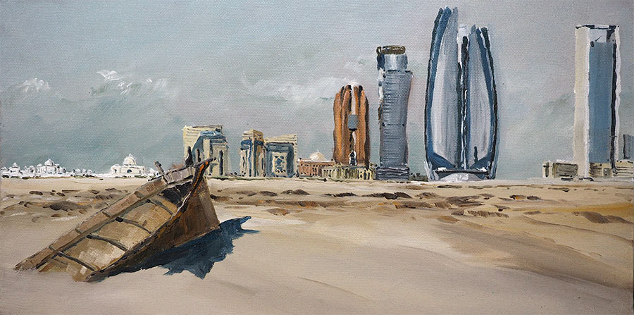 Réf. H-15.004 - Abu Dhabi vu d'une île (Émirats Arabes Unis). Huile sur toile 60x30 cm