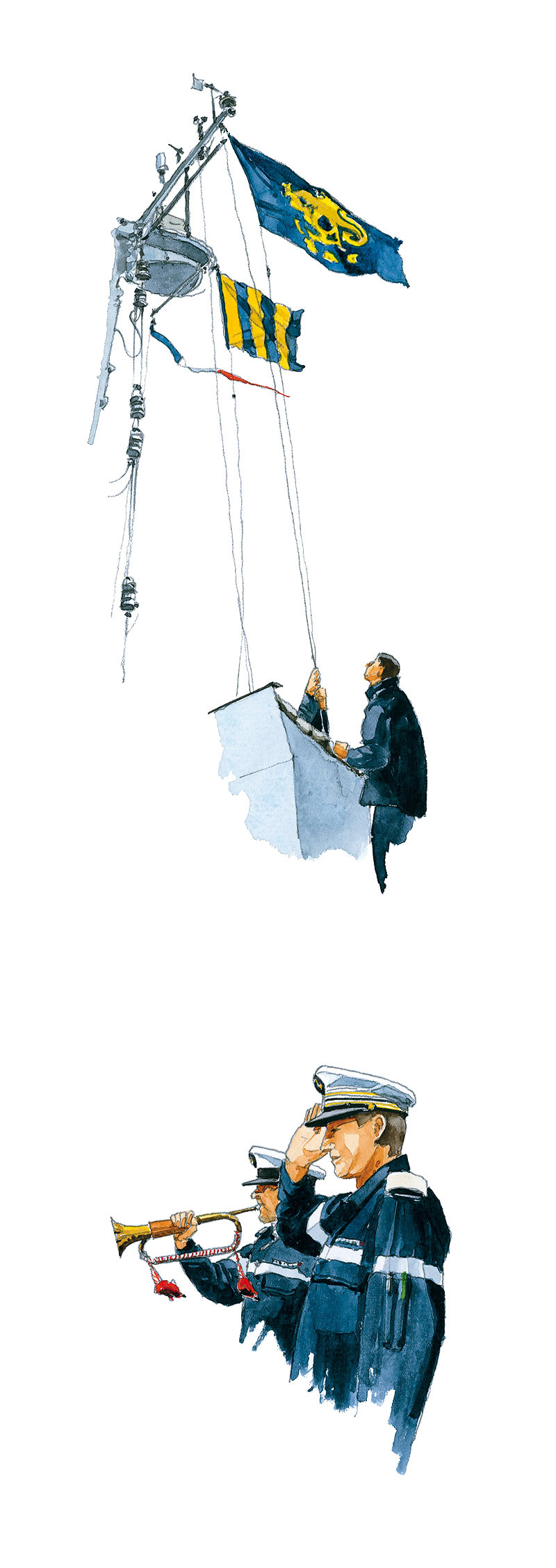 Réf. A-14.007 - Fin de RAM - Le salut au clairon sur le Var. Aquarelle 16x42 cm