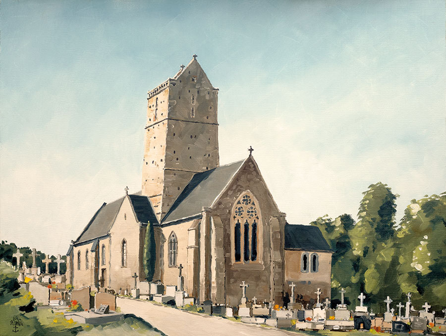 Réf. H-19.053 - L'église du Val-Saint-Père (50). Huile sur toile 61x46 cm - 1300 €