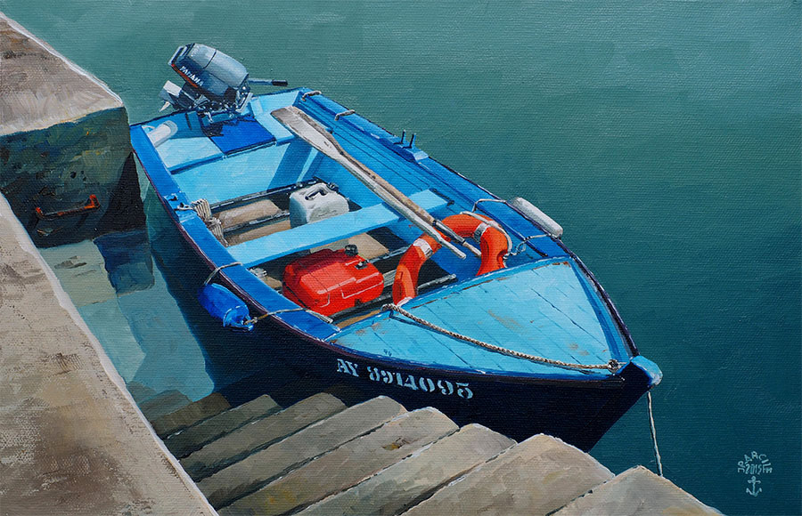 Réf. H-15.037 - La plate bleue à quai. Huile sur toile 41x27 cm - Col. Particulière