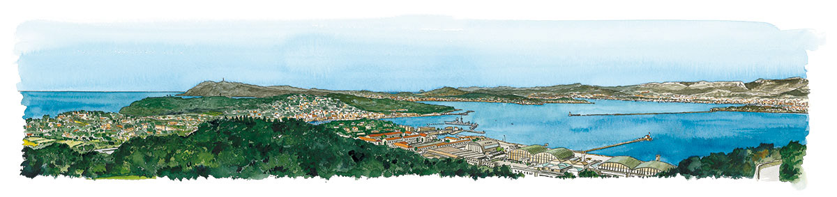 Réf. A-13.046 - CIN St-Mandrier. Rade de Toulon vue du Sémaphore. Aquarelle 50x20 cm -Col. Particulière