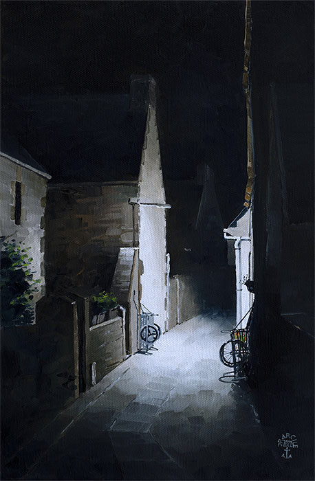 Réf. H-22.032 - Une ruelle de l'île de Sein au cœur de la nuit. Huile sur toile 27x41 cm - Col. particulière