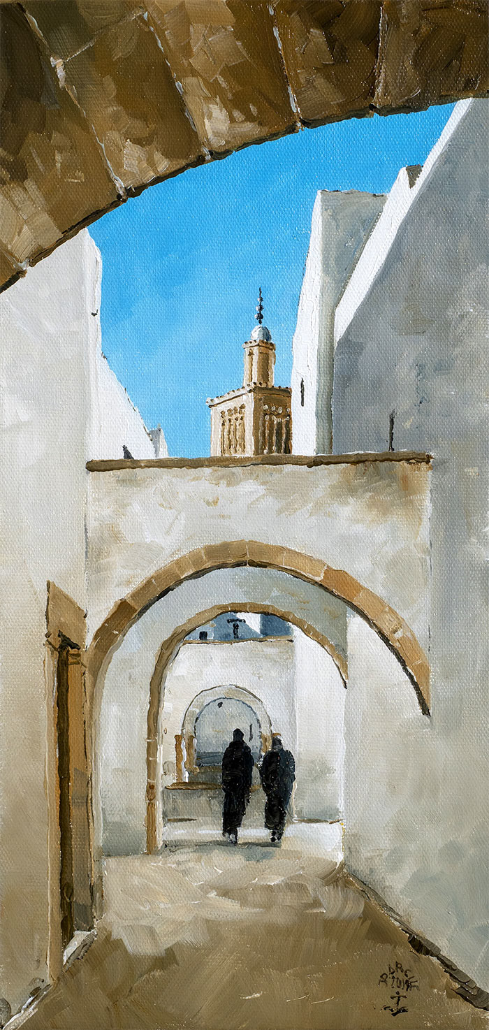 Réf. H-19.007 - Nouvelle médina à Casablanca -3. Huile sur toile 20X40 cm - Col. Particulière