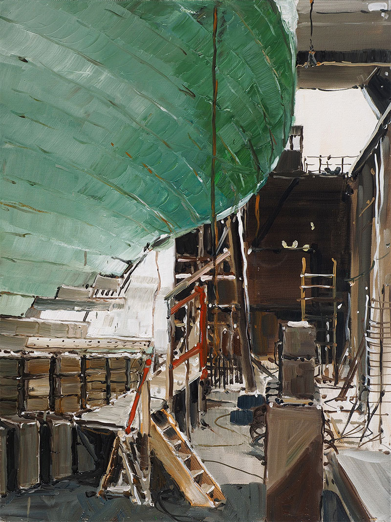 Sur invitation de la base naval de Brest - Réf. H-17.003 - Changement de l'étambot de la Belle-Poule dans l'ancienne base sous-marine de Brestt. Huile sur toile 46x61 cm