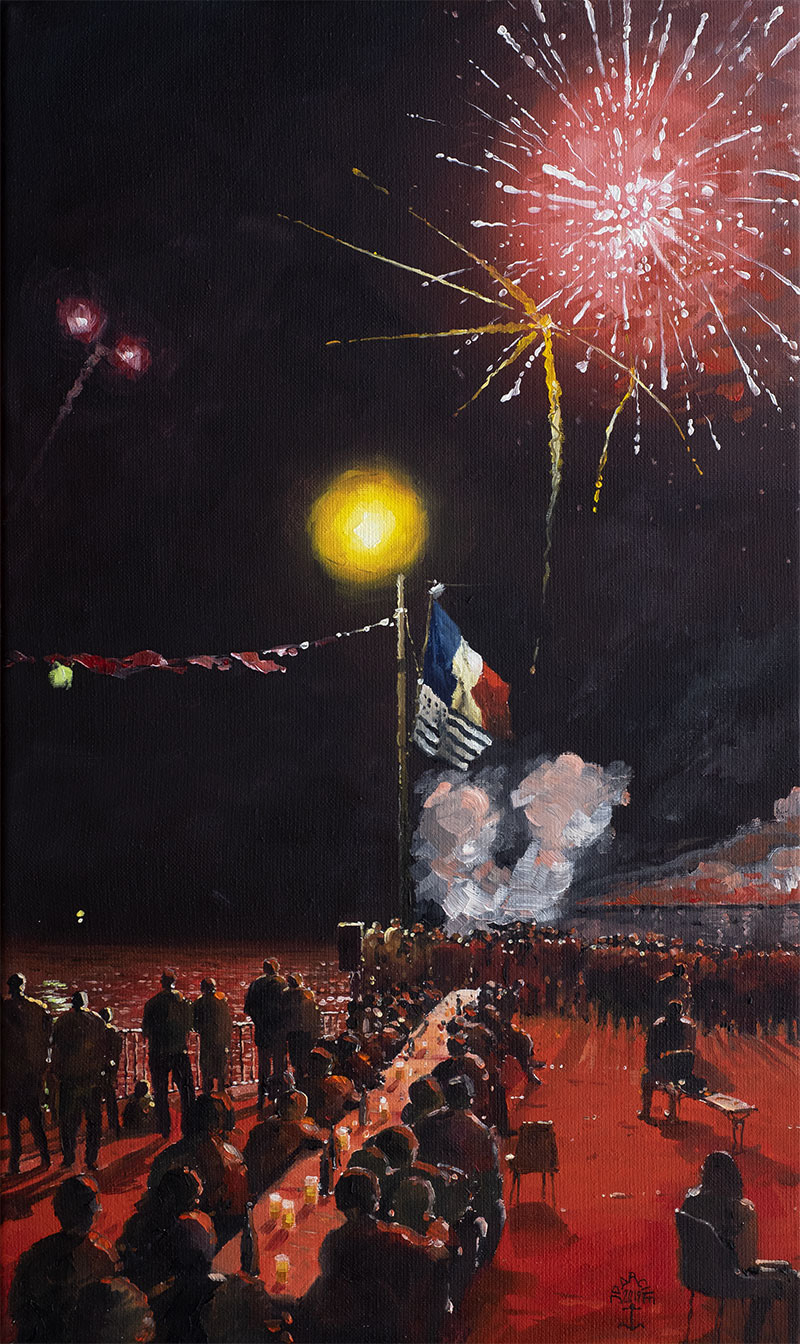 Réf. H-19.037 - Ambiance rouge au feu d'artifice à la Fête de la Mer. Ile aux Moines. Huile sur toile 35x55 cm - 900 €