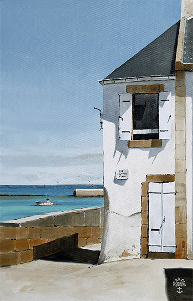 Réf. H-22.038 - Au coin de la rue d'Estienne d'Orves, île de Sein. Huile sur toile 24x35 cm - 450 €