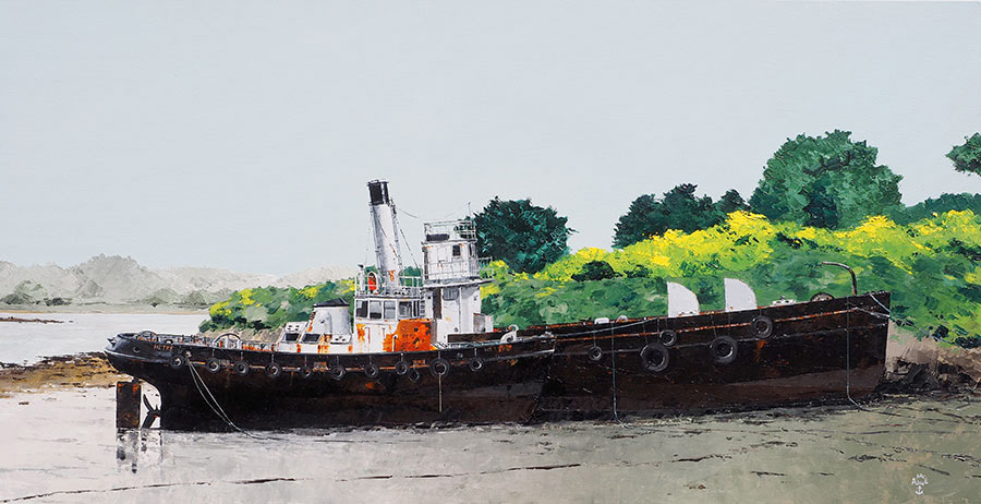 Réf. H-14.007 - Le «Hêtre» (remorqueur) et «l’averse» (citernier) - Crozon. Huile sur toile 120x60 cm - Col. Particulière