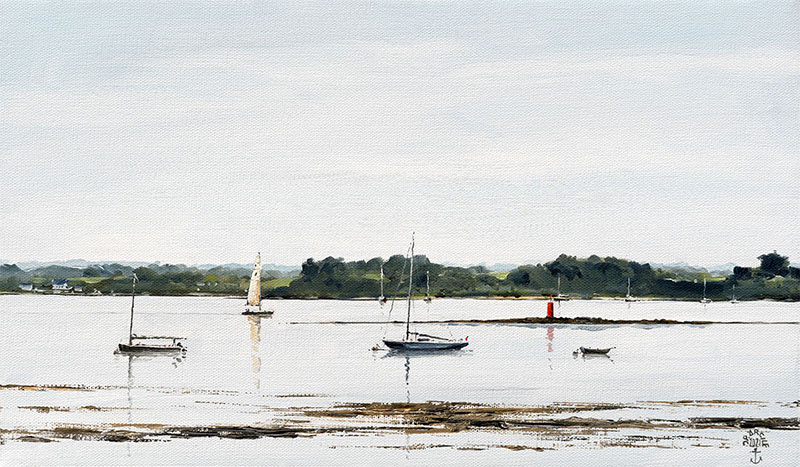 Réf. H-21.005 - Les mouillages du Chantier du Guip aux abords de l'Œuf. Huile sur toile 46x27 cm - Col. Particulière