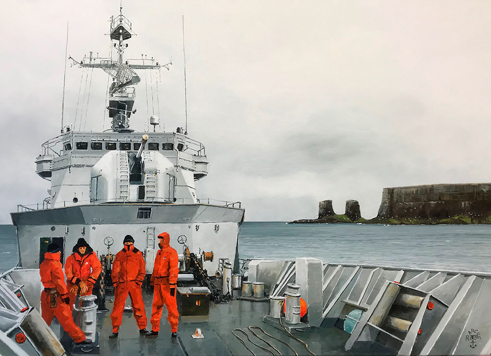 H-23.009 - Poste de manœuvre pour un mouillage dans la baie de l'Oiseau. Archipel des Kerguelen. Huile sur toile 65x46 cm. 1600 €