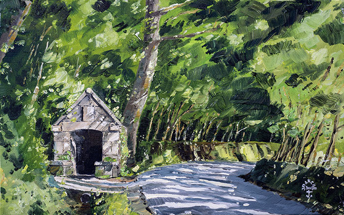 Réf. H-14.023 - La fontaine du Guerric. Huile sur toile 35x22 cm - Col. Particulière