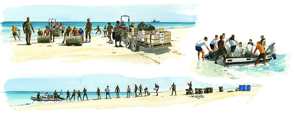 Réf. A-16.008 - Planche La Grandière en TRDI - Ravitaillement de la Grande Glorieuse. Aquarelle 50x23 cm