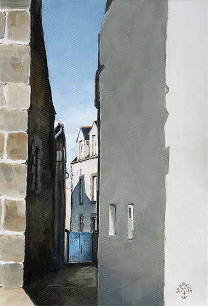 Réf. H-22.039 - Le portail bleu, île de Sein. Huile sur toile 24x35 cm - 450 €