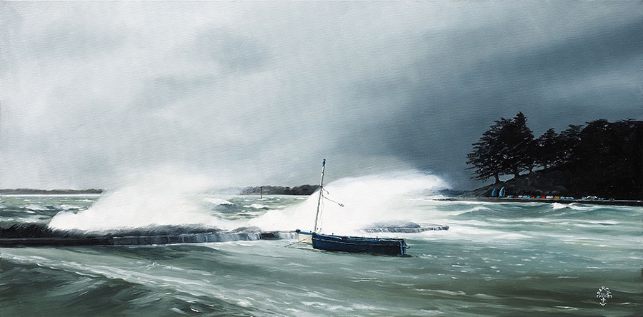 Réf. H-16.043 - Le coup de vent du 13/02/16 au Goret, Ile aux Moines. Huile sur toile 80x40 cm - Col. Particulière