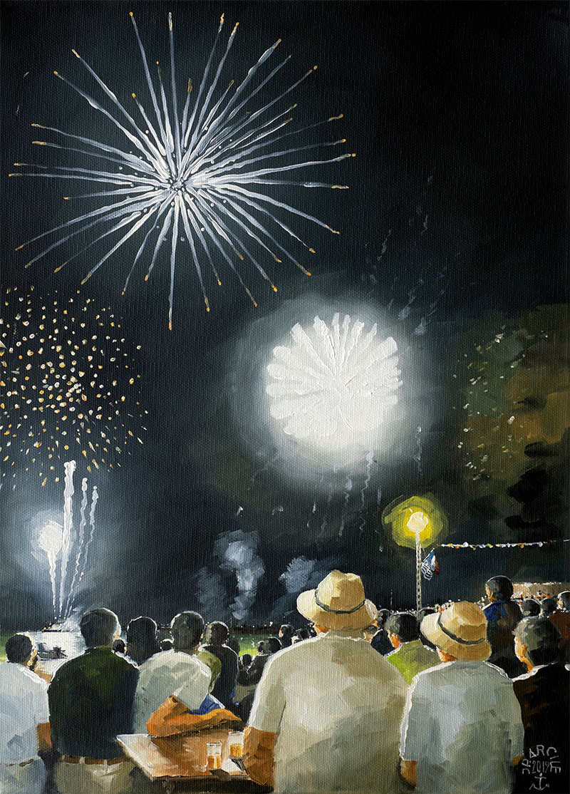Réf. H-19.036 - Feu d'artifice à la Fête de la Mer. Ile aux Moines. Huile sur toile 33x46 cm - 800 €