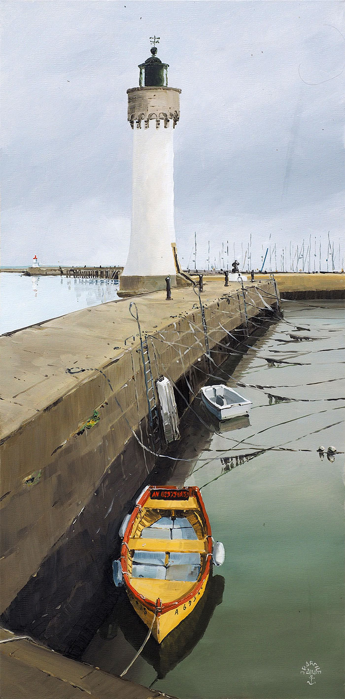 Réf. H-14.050 - Le phare de Port-Haliguen. Presqu'ile de Quiberon. Huile sur toile 80x40 cm - Col. Particulière