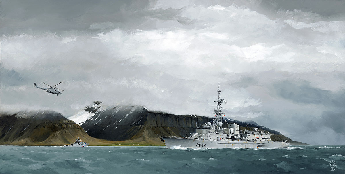 Réf. H-18.054 - Le Primauguet croise un garde-côtes Islandais sur les côtes de la péninsule du nord-Ouest, Islande. Huile sur toile 80x40 cm - Col. particulière