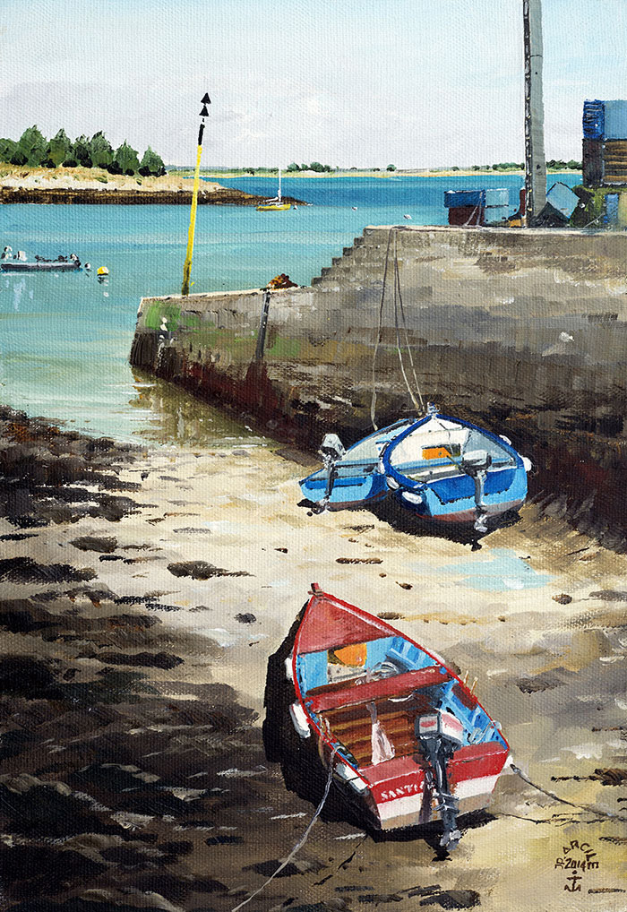 Réf. H-14.027 - Plates et canots à la jetée du Trech'. Huile sur toile 24x35 cm - Col. Particulière