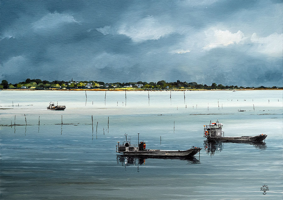 Réf. H-24.008 - L'île d'Arz et les parcs à huîtres de l'île aux Moines. Huile sur toile 65x46 cm. Col. particulière
