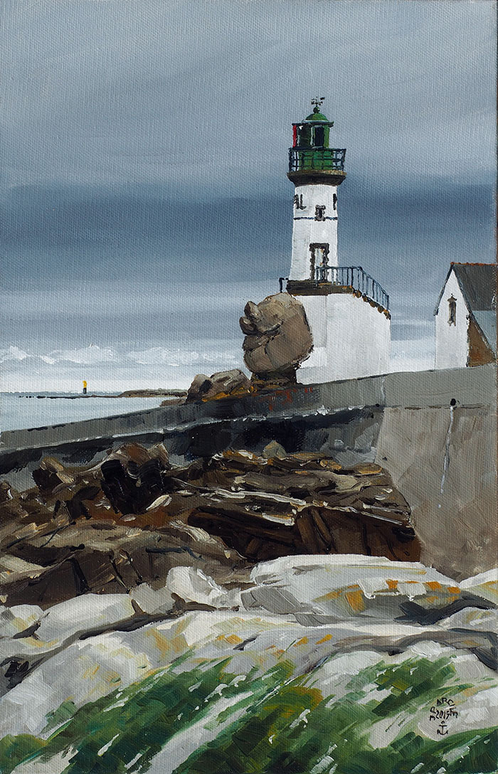 Réf. H-15.054 - Le phare de Men-Brial, Ile de Sein. Huile sur toile 27x41 cm - Col. Particulière