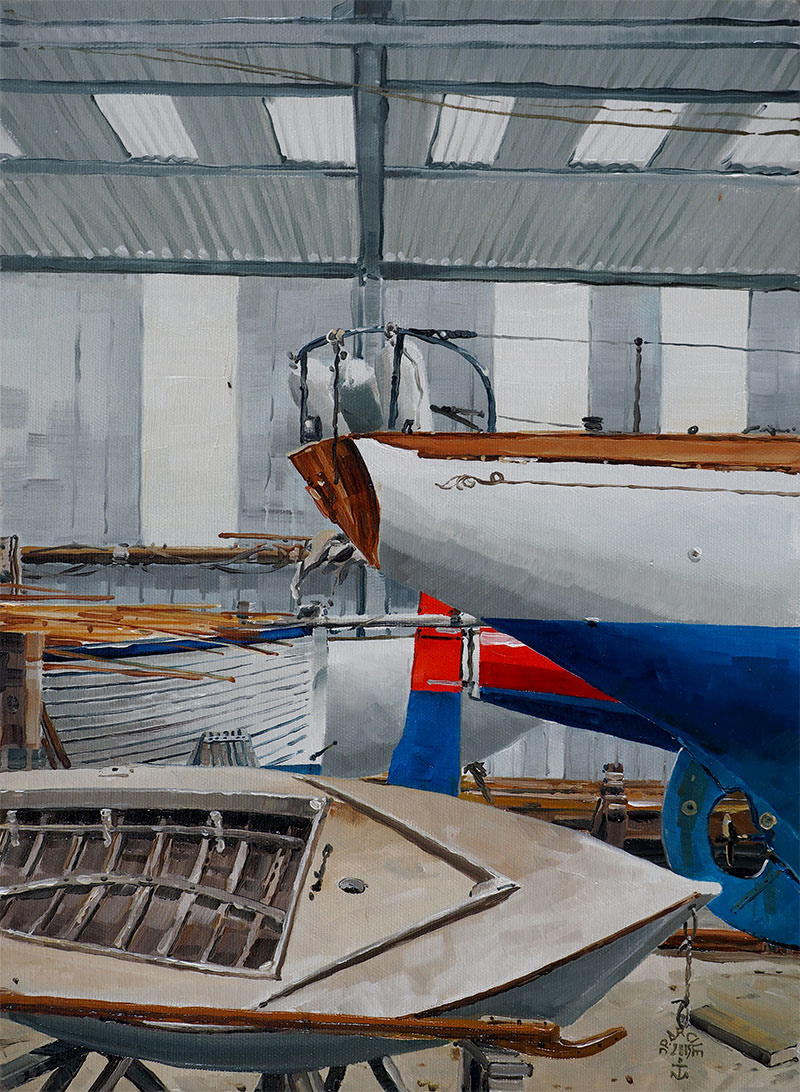 Réf. H-15.023 - L'atelier du Chantier du Guip. Ile aux Moines. Huile sur toile 33x46 cm - Col. Particulière