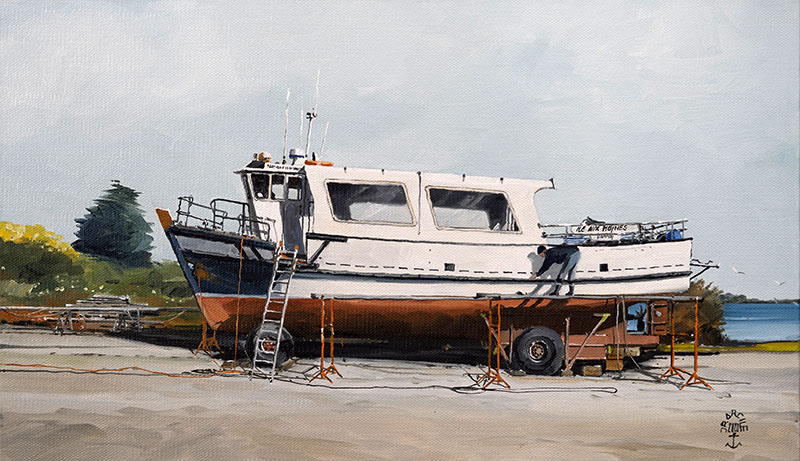 Réf. H-20.015 - Petits et gros bobos traités au Chantier du Guip. Île aux Moines. Huile sur toile 46x27 cm - 800 €