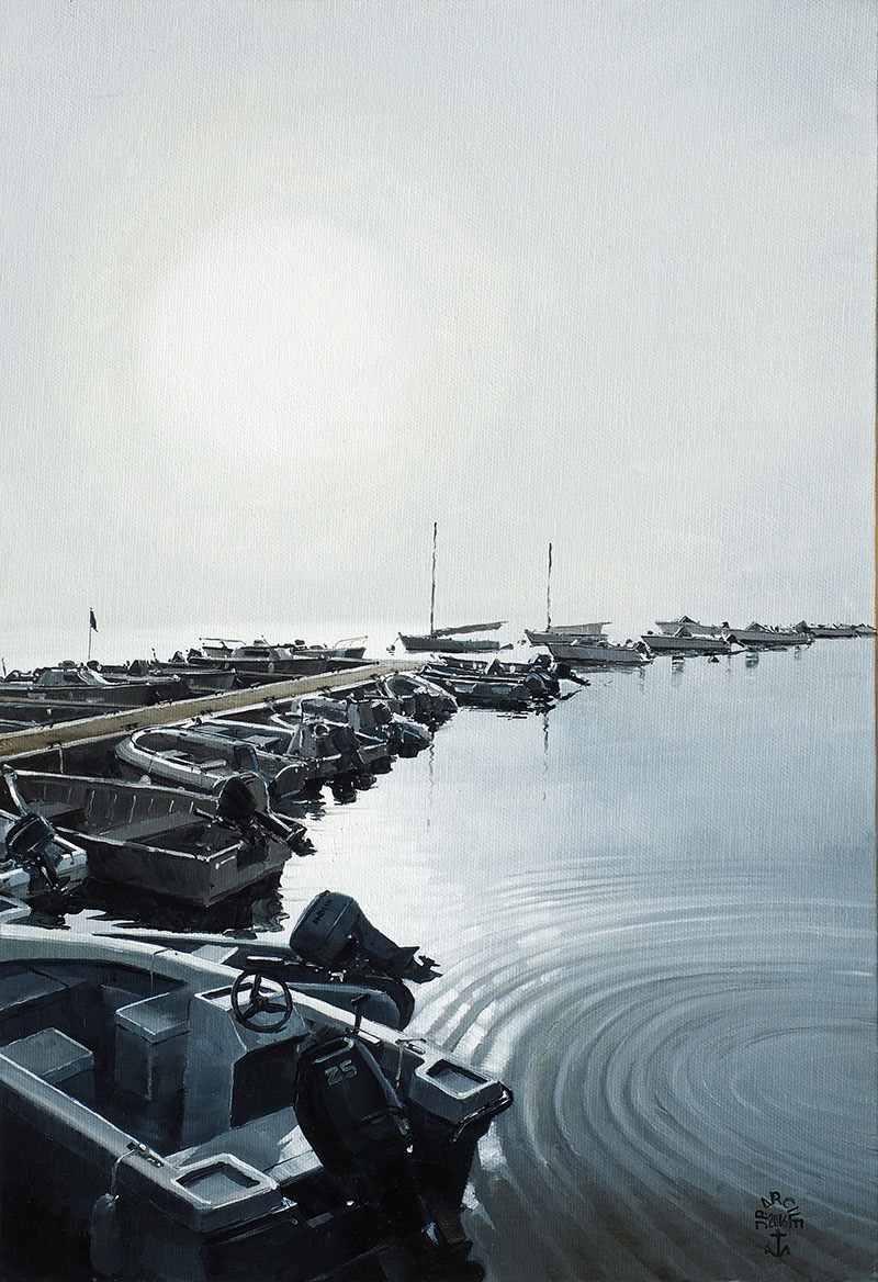 Réf. H-16.039 - Petite brume sur les pontons îlois, Ile aux Moines. Huile sur toile 33x46 cm - Col. Particulière