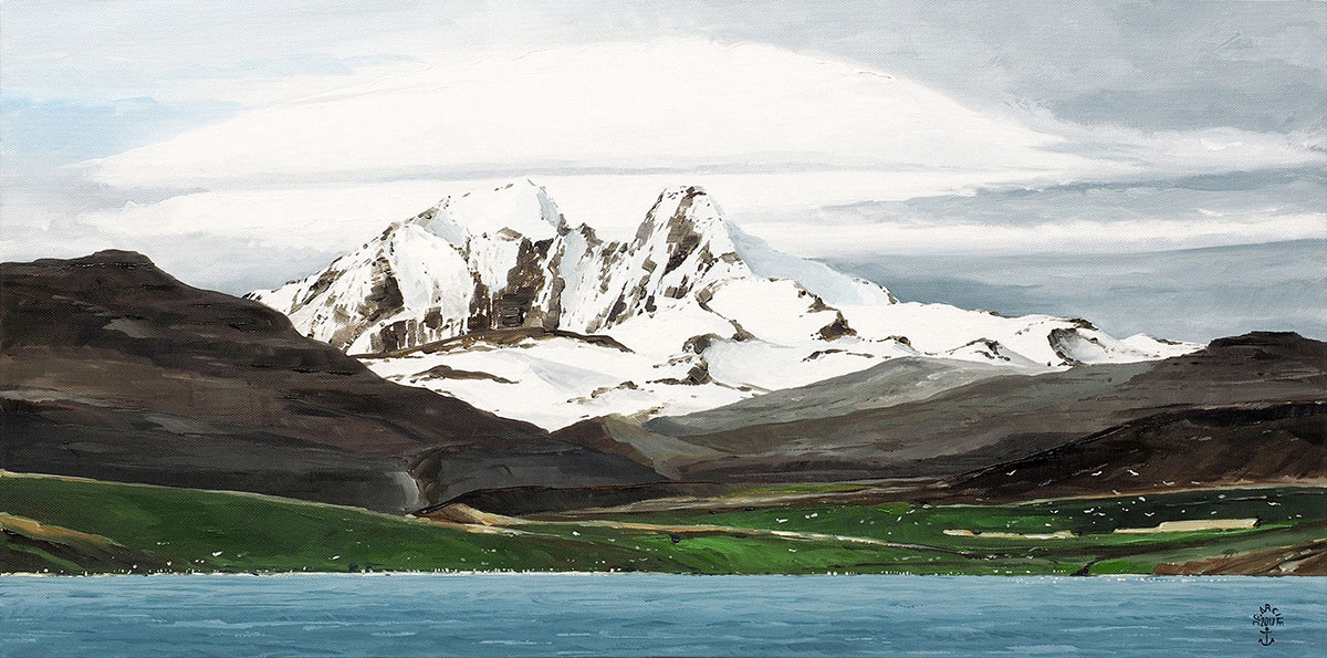 Réf. H-17.007-Le Mont Ross, 1850 m, vu du Golfe du Morbihan - Archipel des Kerguelen. Huile sur toile 80x40cm