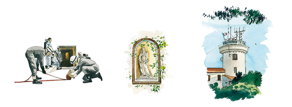 Réf. A-13.039 - CIN St-Mandrier. Instruction Sécu, statue Chapelle, Sémaphore. Aquarelle 50x20 cm