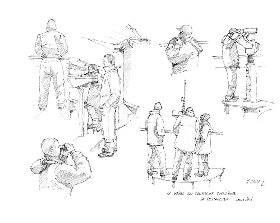 Crayonnés FASM Primauguet. La veille en passerelle supérieure