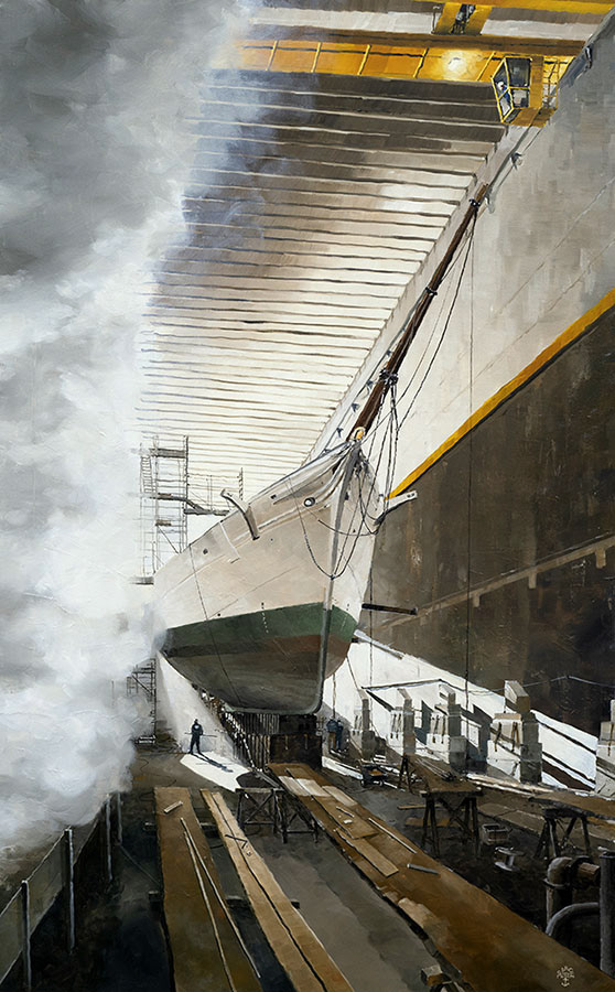 Réf. H-24.016 - Bordage de la "Belle-Poule" dans une forme de radoub dans l'ancienne base des sous-marins de Brest. Huile sur toile 81 x 130 cm - 3800 €