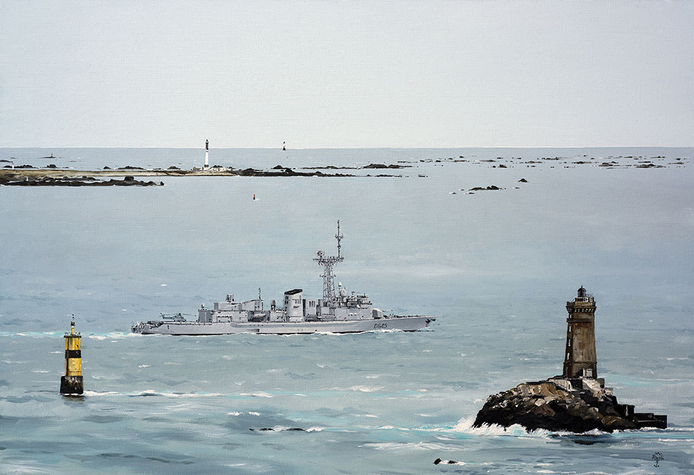 Réf. H-13.062 - Le "La Motte-Piquet" passant la pointe du Raz. Huile sur toile 73x50 cm - Collection particulière