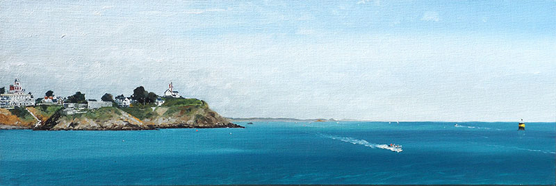 Réf. H-16.009 - Le sémaphore et l'île de la Contesse, St-Quay-Portrieux. Huile sur toile 75x25 cm - Col. Particulière