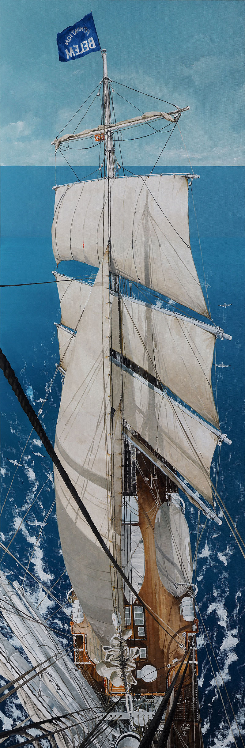 Réf. H-15.057 - Dans la mâture du Belem sous voile. Huile sur toile 50x150 cm - Col. particulière