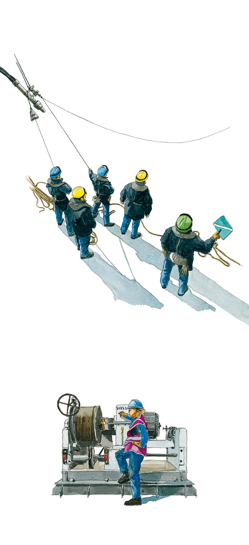 Réf. A-14.009 - Passage de ligne et treuil de RAM sur le Var. Aquarelle 18x42 cm