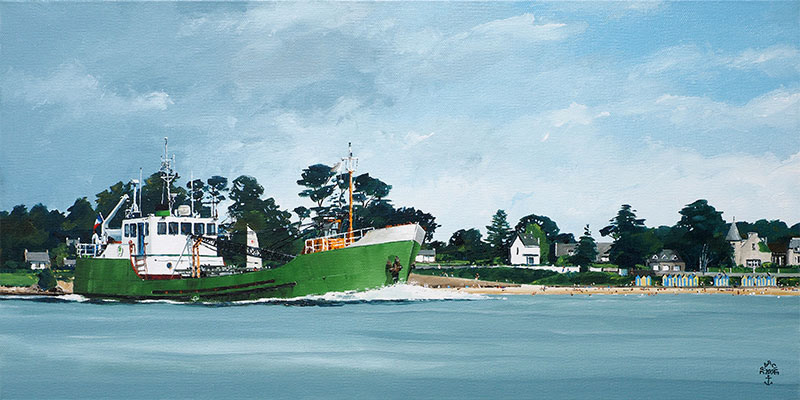 Réf. H-15.039 - Le "Taillefer 2" devant la Grande Plage de l'île aux Moines. Huile sur toile 60x30 cm - Col. Particulière