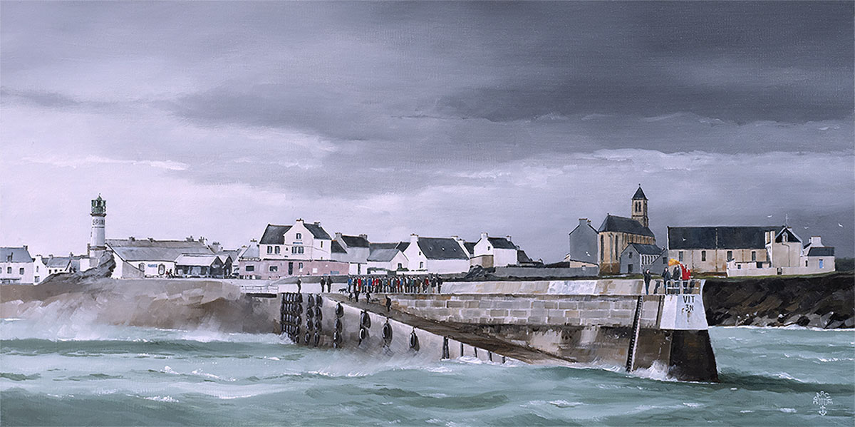 Réf. H-22.005 - Les adieux dans le frais du Men-Brial, île de Sein. Huile sur toile 80x40 cm - Col. particulière