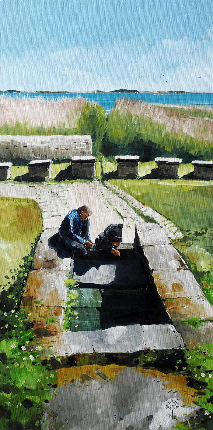 Réf. H-17.039 - Atelier observatoire de grenouilles à la fontaine du Salzen - Ile aux Moines. Huile sur toile 30x60 cm - Col. particulière