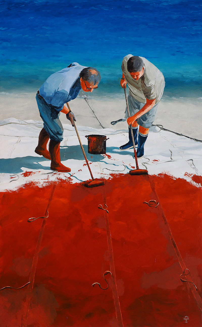 Réf. H-14.006 - Tannage d'une voile de sinago. Cale du Chantier du Guip. Huile sur toile 81x130 cm - 2300 €