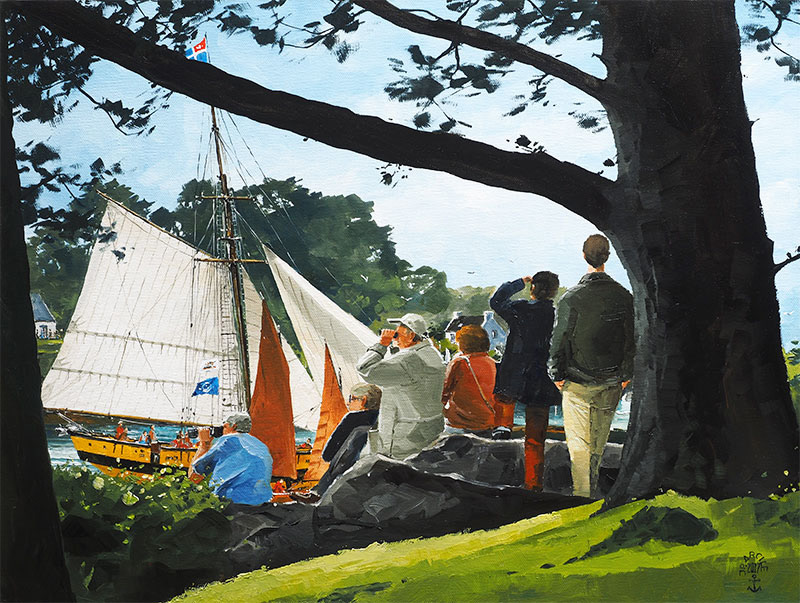 Réf. H-17.036 - Dans les tribunes du Bois d'Amour pendant une Semaine du Golfe - Ile aux Moines. Huile sur toile 61x46 cm - 1300 €