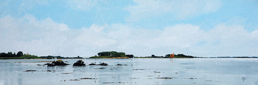 Réf. H-16.005 - La pointe de Brouel et les îles Brouel, Ile aux Moines. Huile sur toile 120x40 cm - Col. Particulière