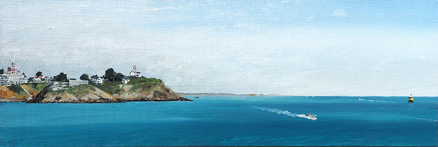 Réf. H-16.009 - Le sémaphore et l'île de la Contesse, St-Quay-Portrieux. Huile sur toile 75x25 cm - Col. Particulière